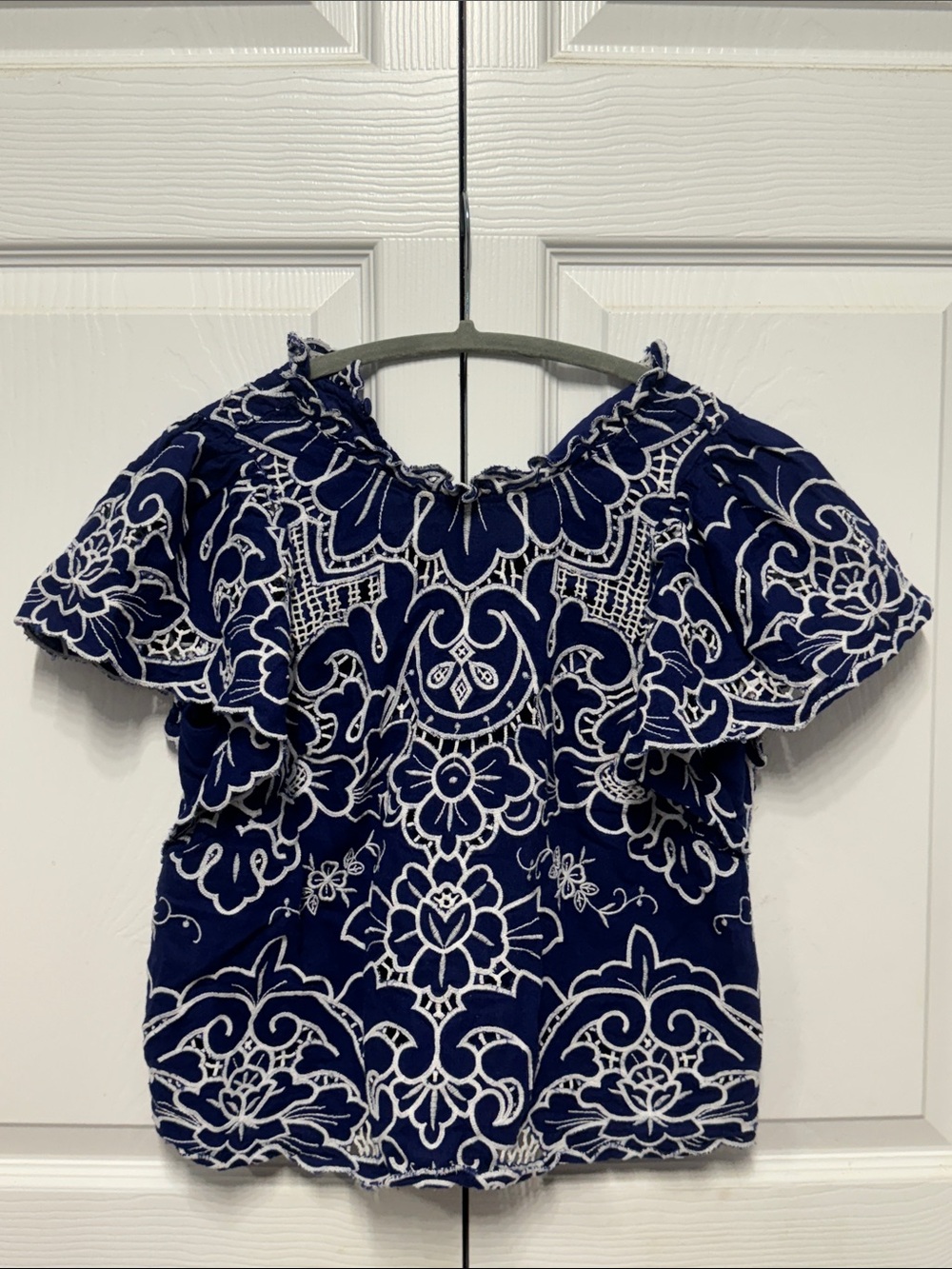 Anthropologie Navy Blue Embroidered Floral Top